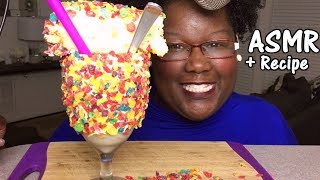 ASMR FRUITY PEBBLES CAKE AND MILKSHAKE RECIPE AND EATING SOUNDS [upl. by Eidnar]