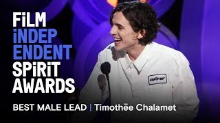 TIMOTHÉE CHALAMET wins Best Male Lead at the 2018 Film Independent Spirit Awards [upl. by Germaun590]