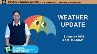 Public Weather Forecast issued at 4AM  January 16 2024  Tuesday [upl. by Adnauqaj]