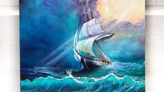 HOW TO PAINT A STORMY SEASCAPE AND SHIP  ACRYLIC PAINTING TUTORIAL [upl. by Aliekahs]