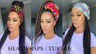 5 EASY HEADWRAP TURBAN STYLES for Senegalese Twists Braids Locs  Tupo1 [upl. by Ardua]