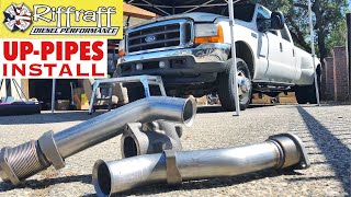 2001 F350 73  RiffRaff UpPipes Install  Stock up pipes leaking and falling apart JUNK SP [upl. by Jeramie]