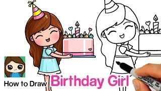 How to Draw a Birthday Cute Girl Holding a Cake [upl. by Engud558]